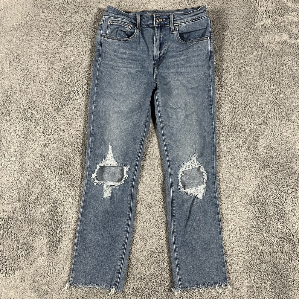 Levis 724 High Rise Straight Denim Jeans Womens 27 Blue Denim Distressed Stretch